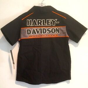 New! Harley-Davidson Boys Woven Logo Work Shop Shirt size 4 Black/Gray/Orange